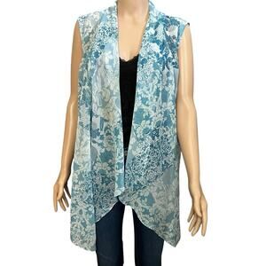 Susan Graver Floral Chiffon Vest XL Drapey Casual Open Front White Blue Boho